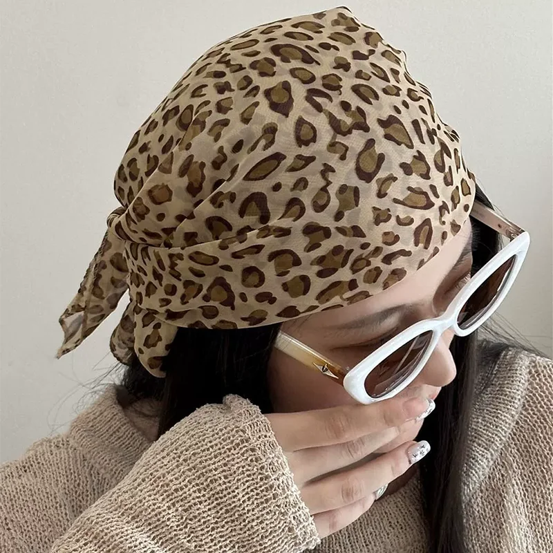 Retro Leopard Print Square Scarf for Women Satin Thin Edge Scarves Head Band Fashion Y2K Lady Hair Shawl Wrap Female Neckerchief