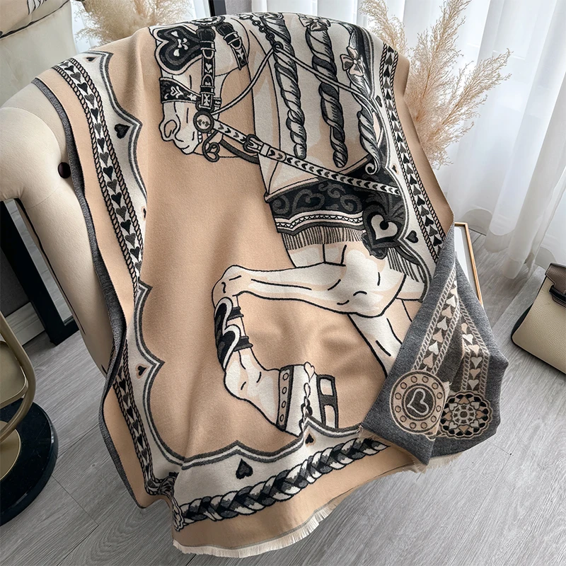 Luxury Warm Poncho Cashmere Winter Women Scarf Horse Print Shawl Wraps Female Thick Pashmina Blanket Bufanda Travel Echarpe 2024