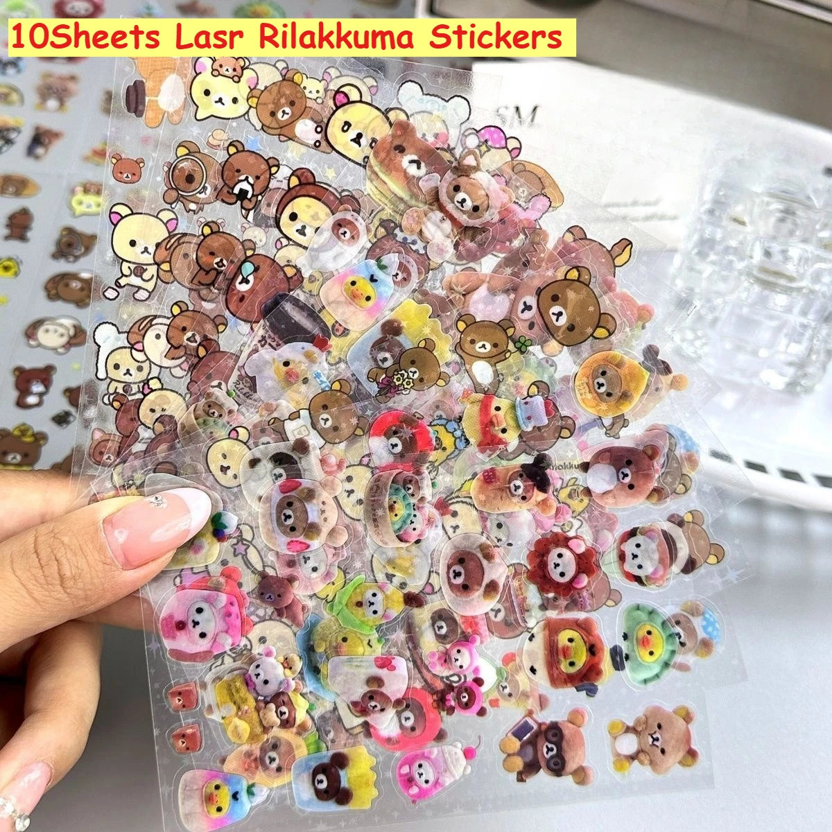 10Sheets Cartoon Cute Rilakkuma Stickers Die-cutting Sticker Anime Decals Handbooks Material Flashing Laser Sticker Kid Toy