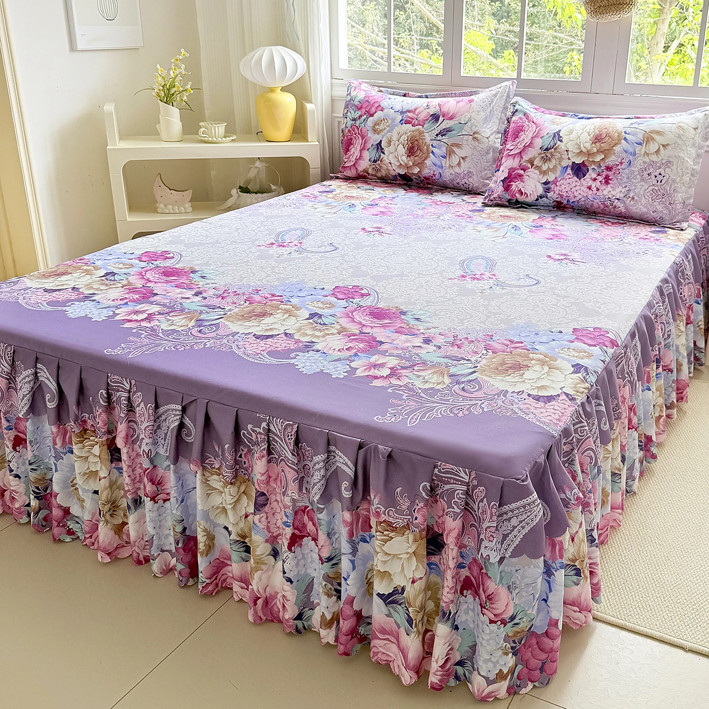 3PCS Floral Style Bed Cover colchas de cama matrimonial Single/Double/Queen/King Size Bed Skirt with Lace Twin Bedsheets Skirts
