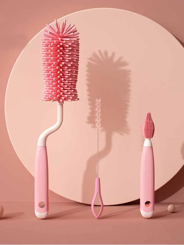 Baby Bottle Cleaning Brush Set Three Pieces Silicone Brush for Infant Feeding Tools Nursery Essential for Latch And Nipple