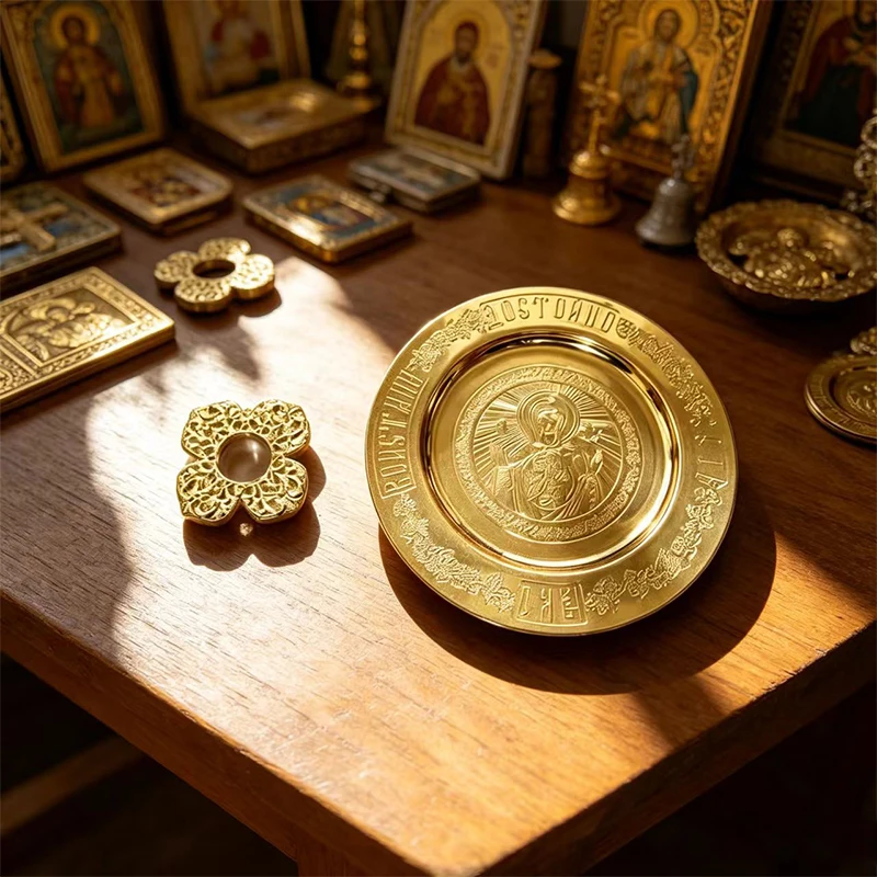 

Orthodox Altar Set Gold Icon Plate and Ornate Star in Velvet Box for Liturgical Bread Diskos Byzantine Religious Church Decor