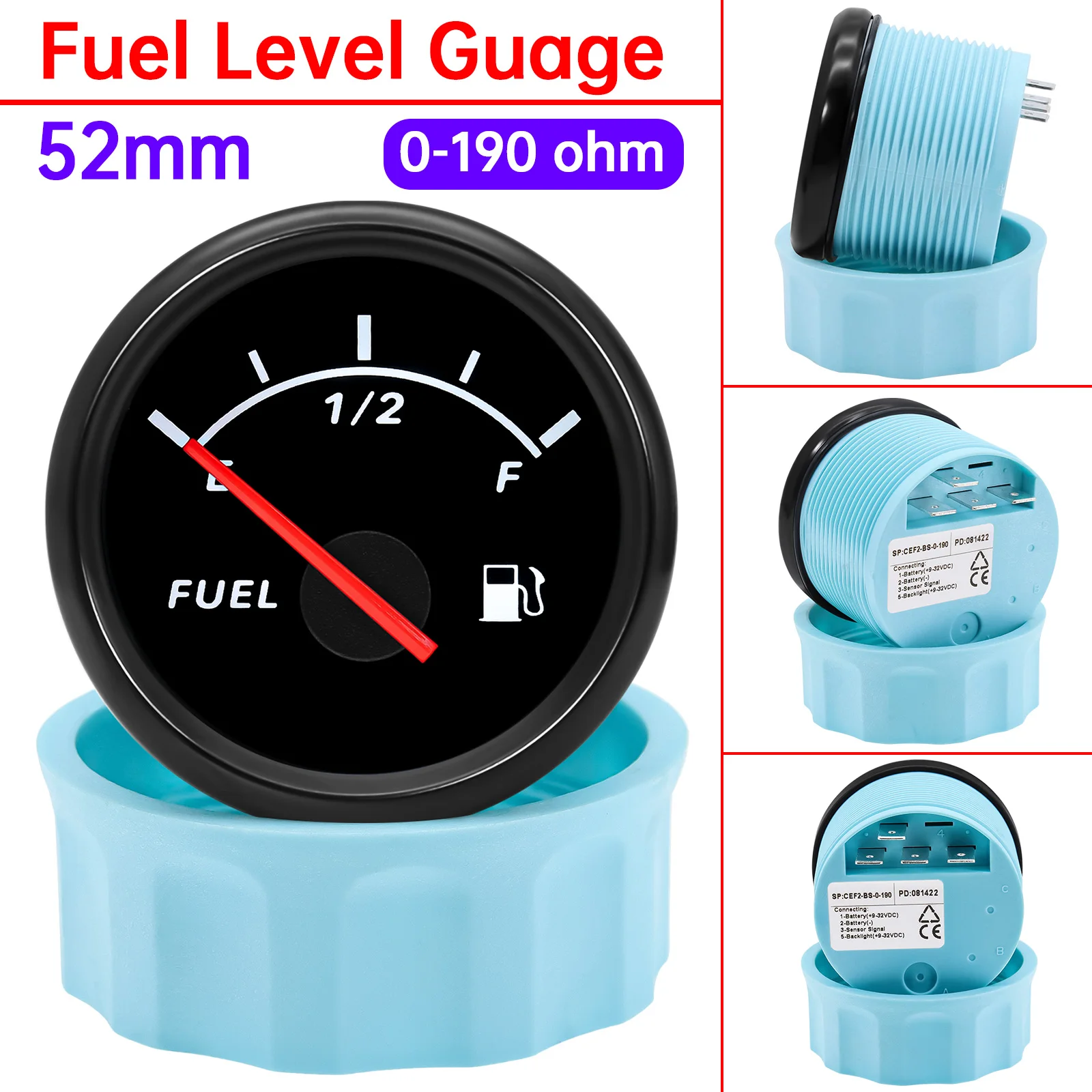 2'' 52mm Fuel Level Gauge + Fuel Level Sensor 0-190ohm Oil Tank Level Indicator Meter for Boat Car 175MM 225MM 275MM 375mm 475mm