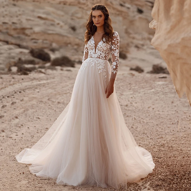 

Eightree Elegant Princess Wedding Dresses V-Neck Appliques Evening Bridal Dress 2025 Long Sleeve Wedding Prom Gowns Customized