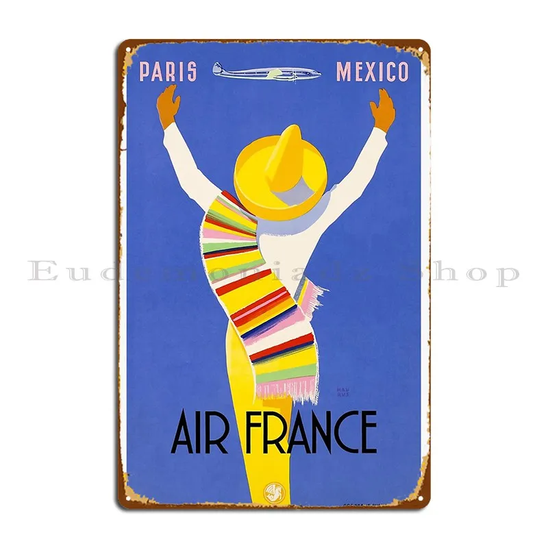 1954 Air France Paris To Mexico Travel Poster Metal Sign Design Mural Party Wall Decor Printing Tin Sign Poster