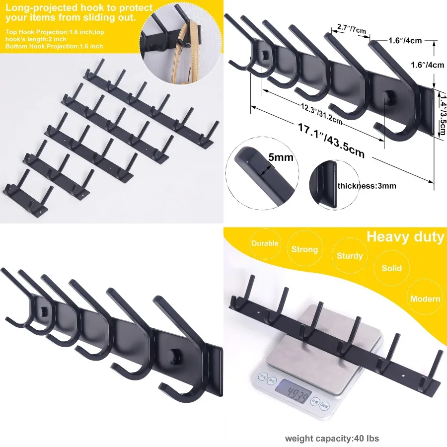 

Wall Mounted Coat Rack with 171 8 Inch Heavy Duty Metal Hooks for Hanging Coats Purse Clothes Jacket Backpack in Entryway Black
