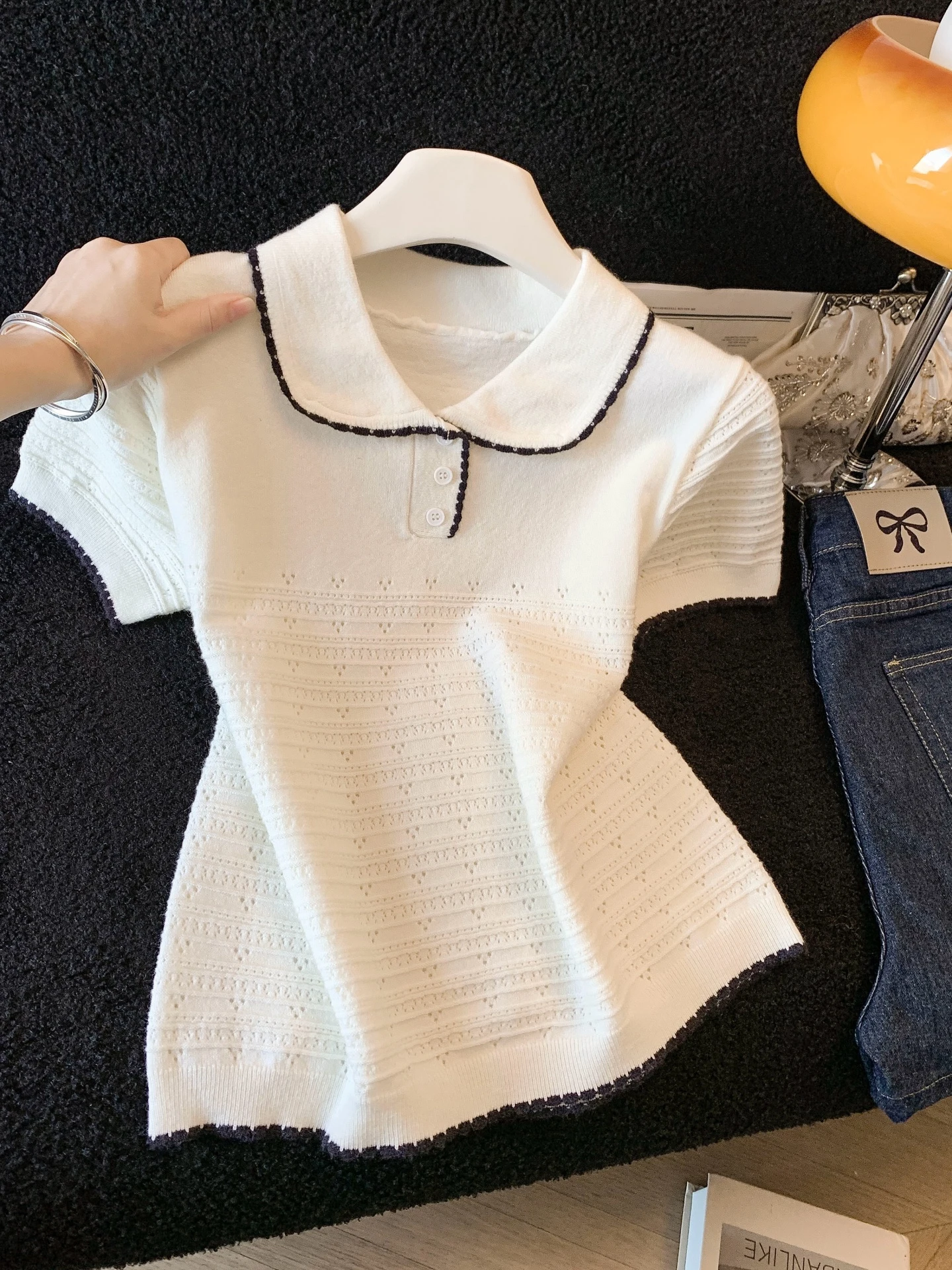 

Retro Hollow Doll Collar ort Sve Knitted Sweater Women's Summer New Gentle Simple Sle Korean Version Soft Bubble Sve