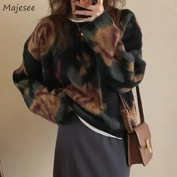 Woman Pullovers Tie Dye Patchwork Long Sleeve Sweaters Loose Fit Knitwear Vintage Retro All-match Korean Style Fashion Tops Ins