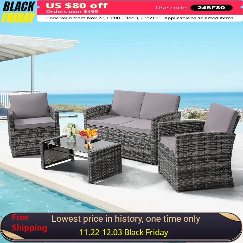 

Sofa Set, 4 Piece, Deck Parlor Set, Outdoor Rattan Combo Sofa, Gray Rattan and Light Gray Upholstery, Sofa Patio Set