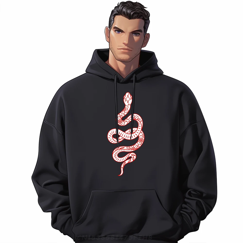 

Hip Hop Man Hoodies Red Snake Serpent X Flowers Print Hoodies Street Long Sleeve Outdoor O Neck Oversized Sweatshirt