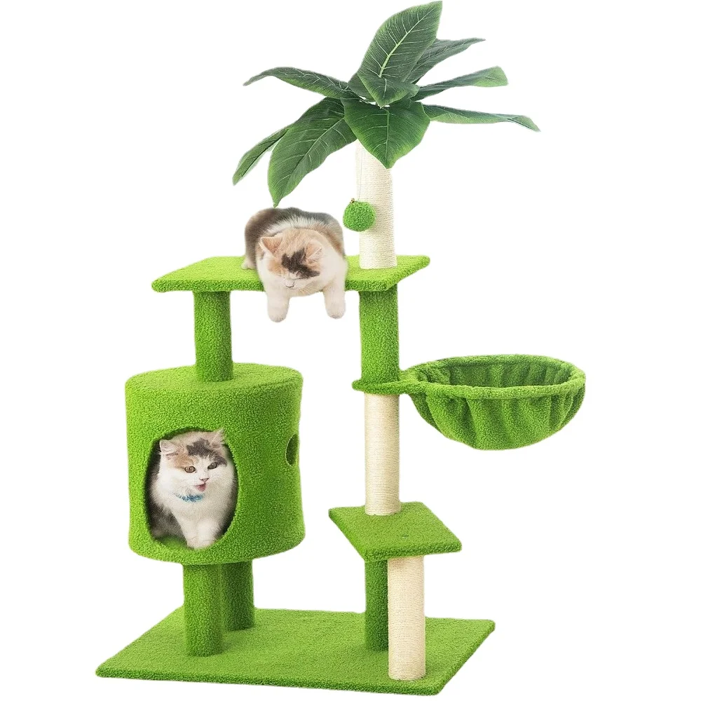 Tree for Cats Cozy Cat Condo and Hammock Free Shipping 38in Cat Tower With Green Leaves Hanging Ball With Bell for Kittens Pet