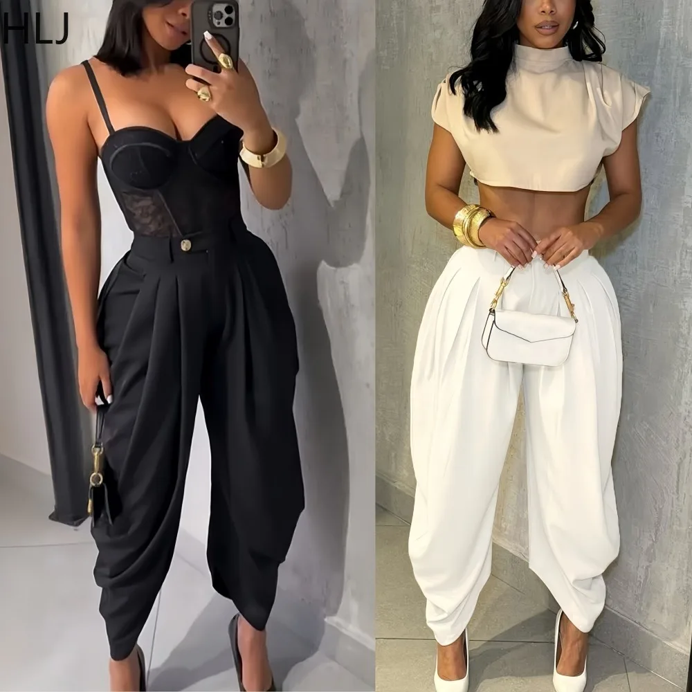 HLJ Fashion Flower Bud Pants for Women Solid Color Buttons Ruched Patchwork Wide-leg Pants Female Streetwear Bottoms 2025 New