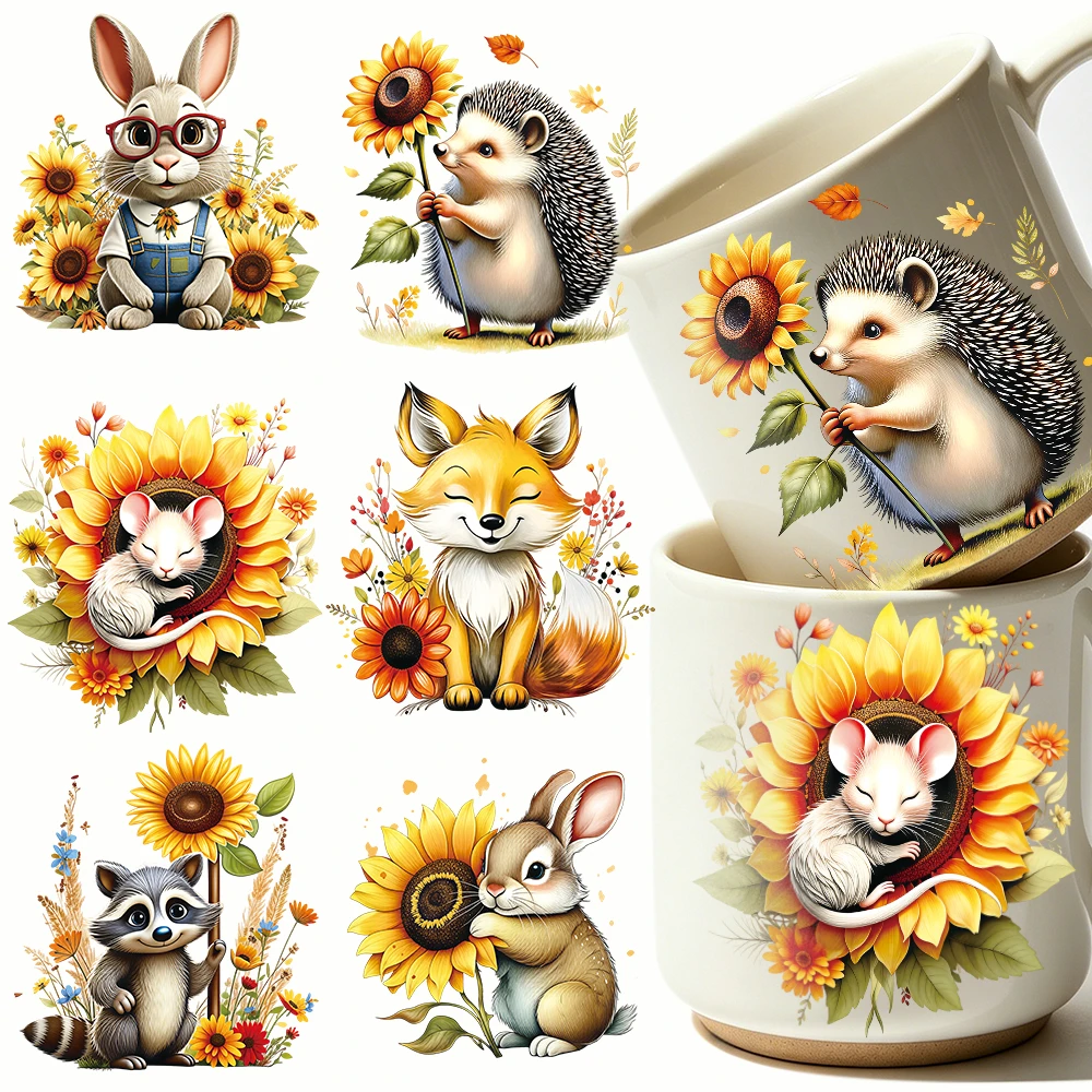 6pcs Yak Rabbit Fox Animal UV DTF Cup Wrap Sunflower Hedgehog Raccoon 3D UV Transfer Sticker Self-adhesive Bloom Mug Cup Wrap view 2