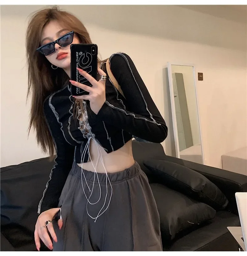 T-shirts Women Fashionable Bust Hollow-out Design Long Sleeve Cool Female Hipster Y2k Tees Crop Top Sexy Hot Girls High Street