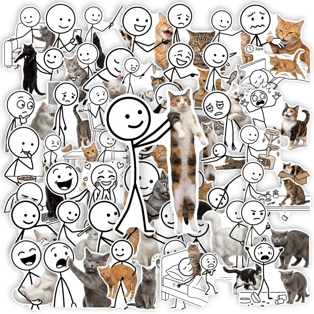 Stick Figure Feline Meme Sticker Pack 50 Sheets, Whimsical Cartoon Graffiti Stickers for Scrapbook and Gadget AnimeWorlds Store
