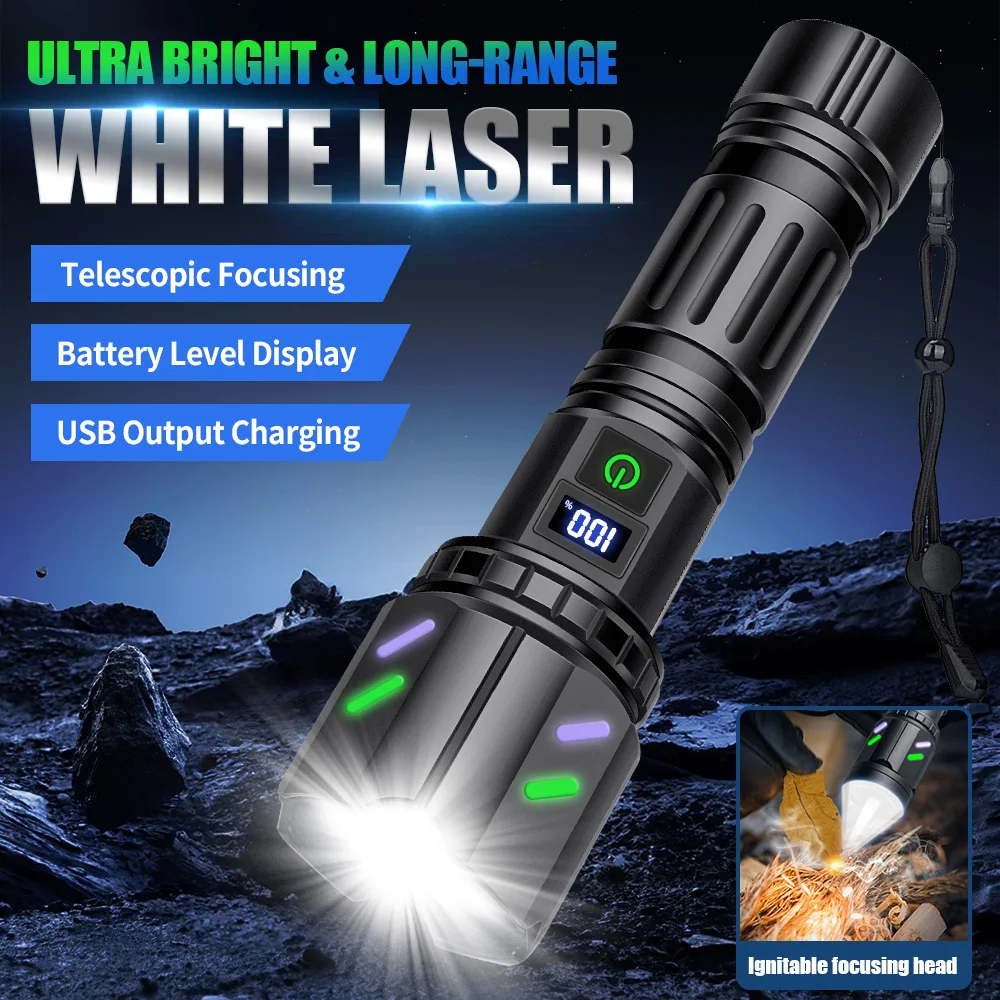 New LED White Laser Flashlight with Ignition Lens Zoom Emergency Torch USB-C Charging Long-range Lighting Flash Light Outdoor