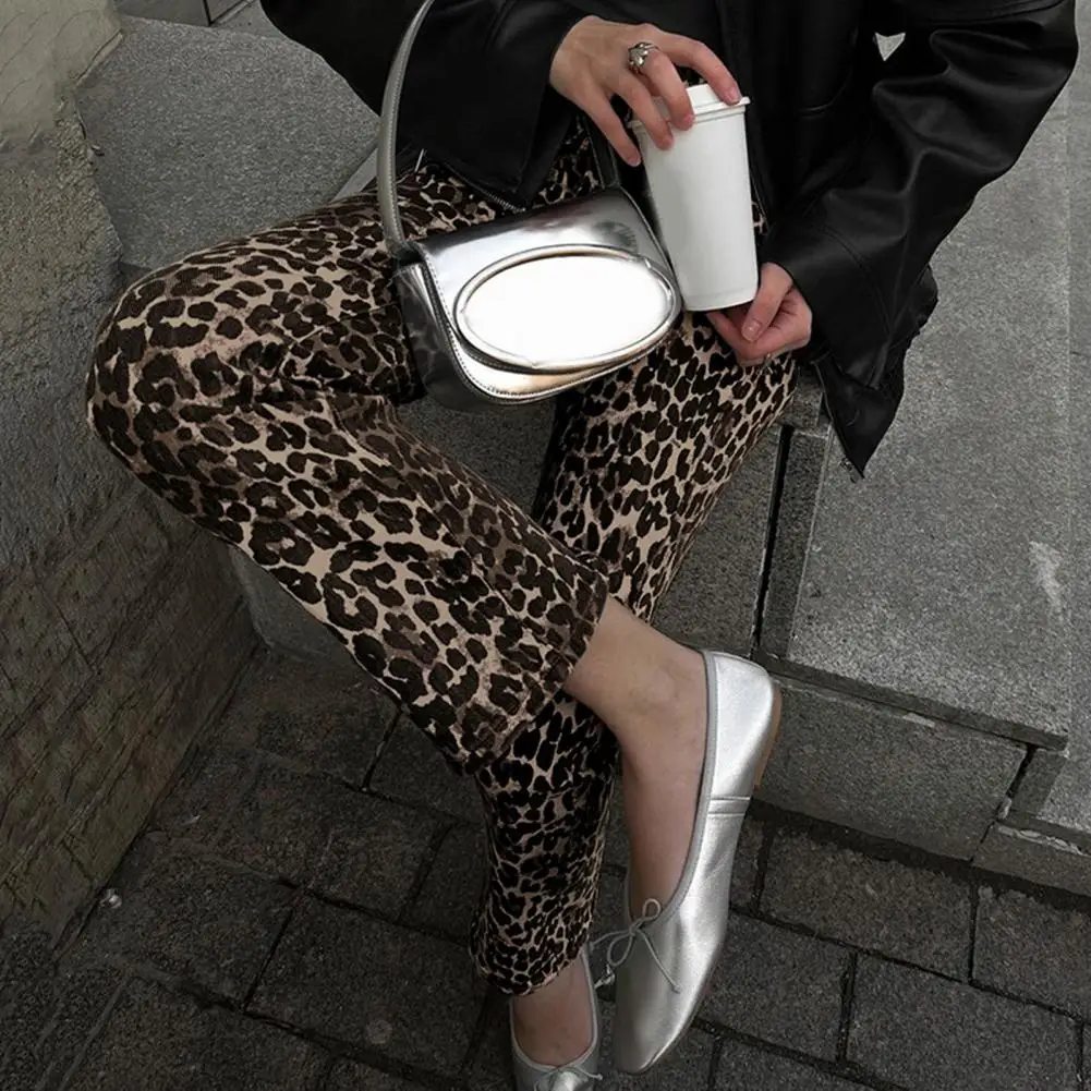 Sexy leopardo estampa justa calça lápis feminina, calça casual de cintura alta, moda primavera, verão, 2024