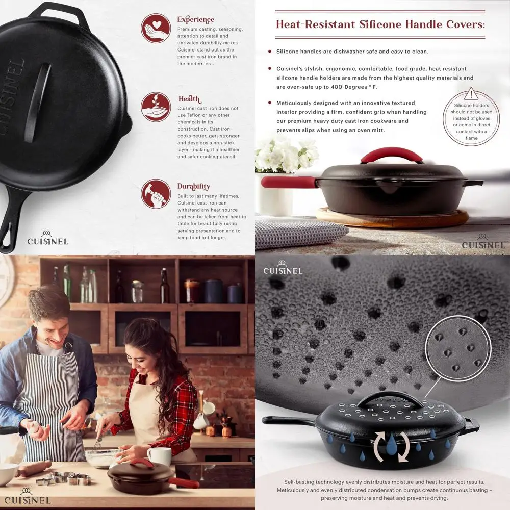 

12 Pre-Seasoned Cast Iron Skillet with Lid, Silicone Handles, Lid Holder, and Scraper - Versatile Cookware for Indoor and Outdoo