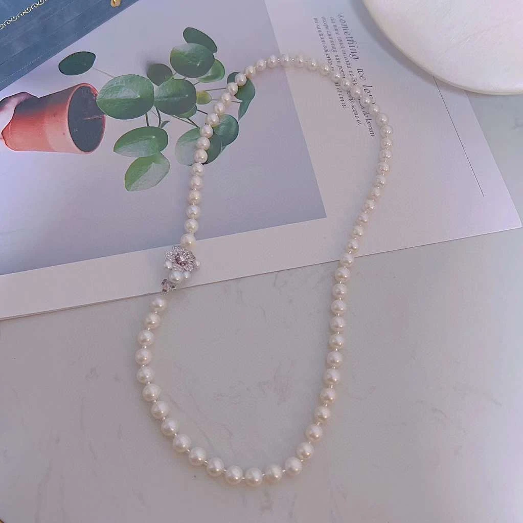 

50cm long cherry blossom button sweater chain 7-8MM natural potato shape freshwater pearl necklace women's sweater chain