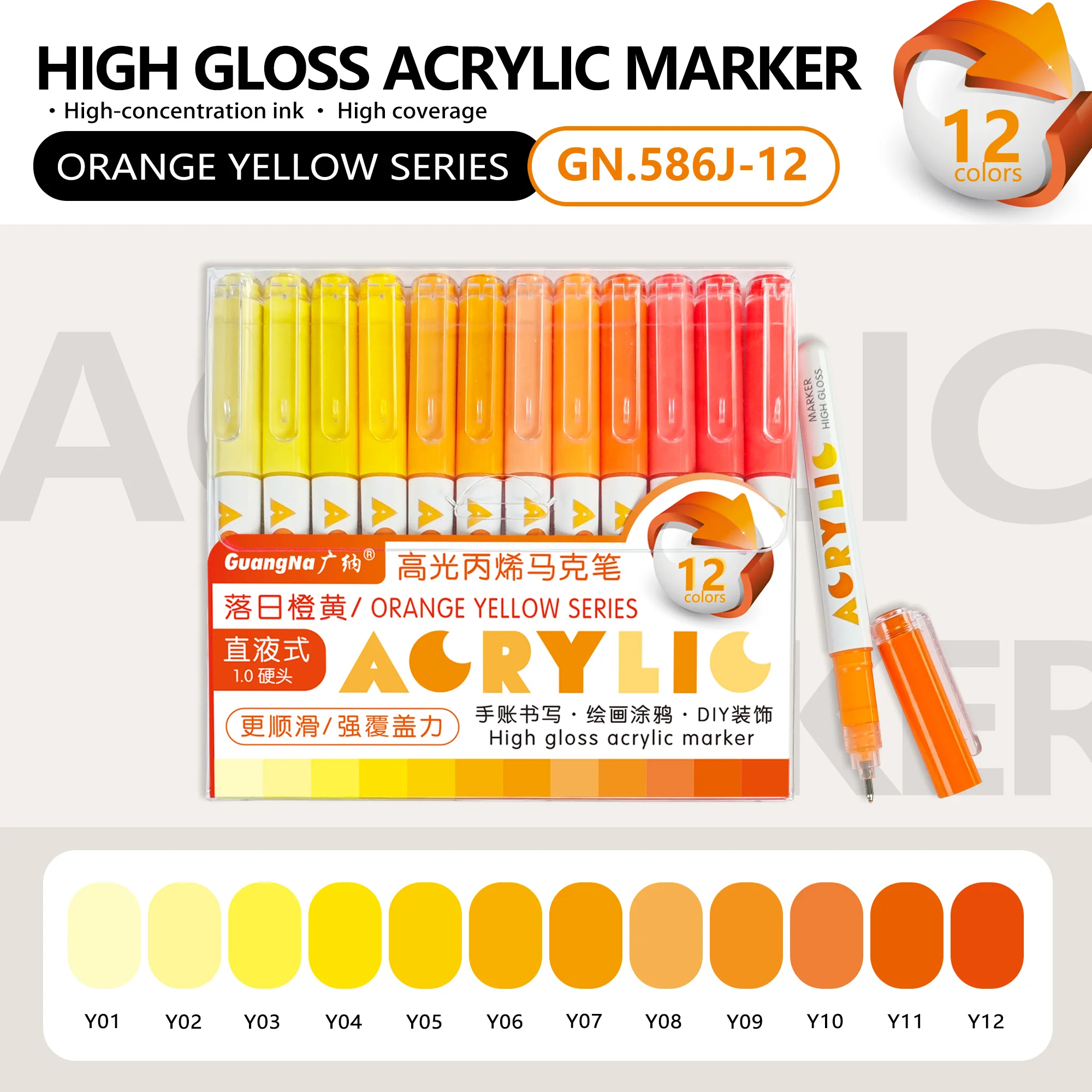 GuangNa 168/12 Kleuren Hoogglans Acrylmarker Set - Premium Direct Liquid Verfpennen voor Kunst, Schilderen, Handlettering & DIY