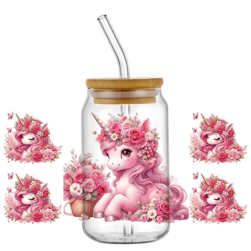 Cute Cartoon Pink Unicorn 16OZ UV DTF Cup Wraps Transfer Sticker For Glass Libbey Can Bottle Selfadhesive Washable DIY Custom