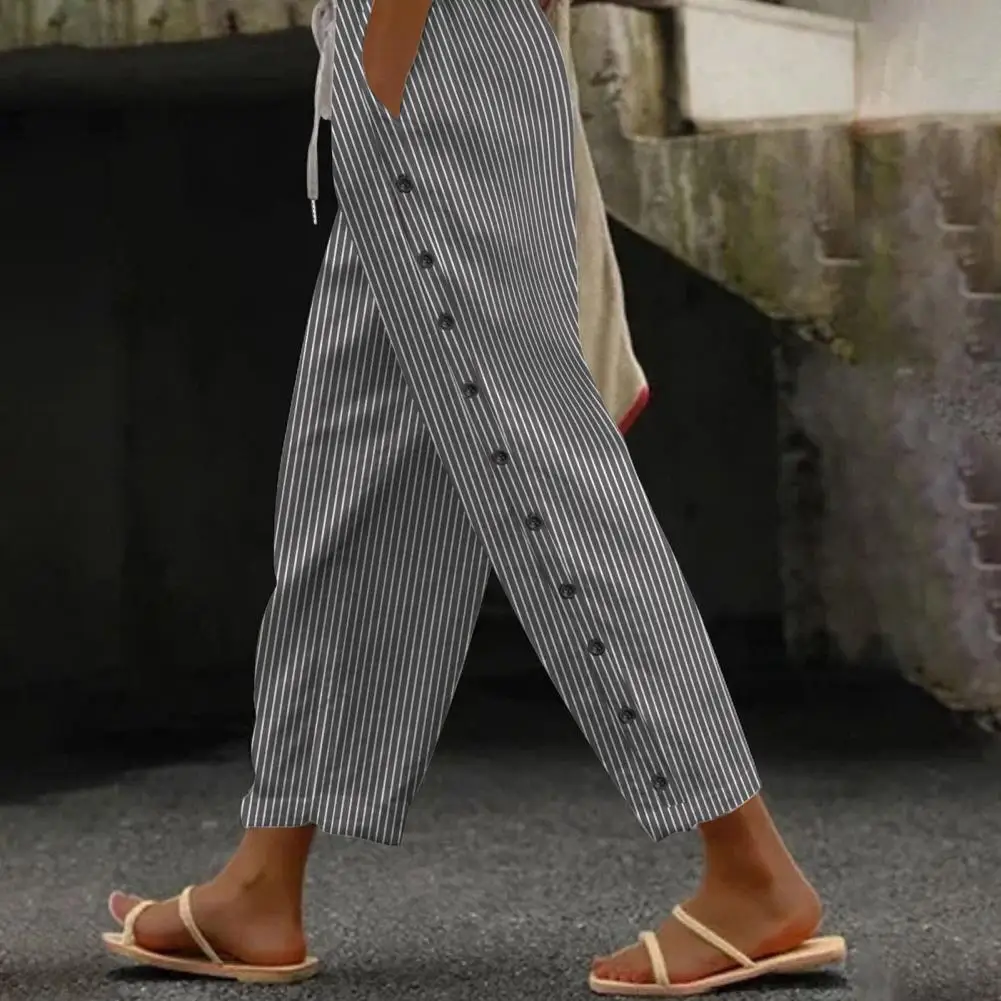 

Classic Striped Slim Fit Trousers Casual Striped Buttoned Pants Slimming Vertical Stripe Women's Casual Pants with Adjustable