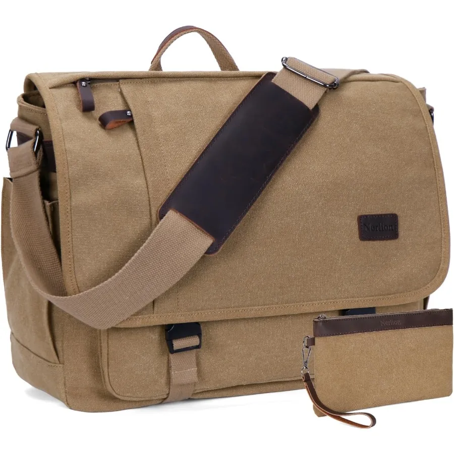 

Коричневая холщовая водостойкая мужская сумка-мессенджер с надежным плечевым ремнем и мягким отделением для ноутбука для ноутбука 1717,3 дюйма