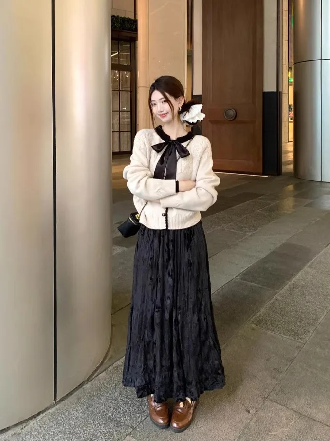 

French Elegant Sweet Girls Two Piece Skirt Sets Cozy O Neck Long Sleeve Knitted Cardigans + High Waist A Line Black Velvet Skirt