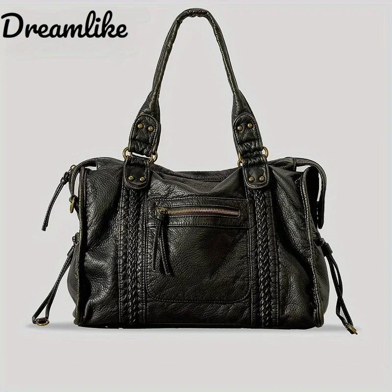 

Vintage Washed PU Leather Large Capacity Tote Zip Pockets Braid Decor Shoulder Crossbody Bag Unisex Women Daily Travel Handbag