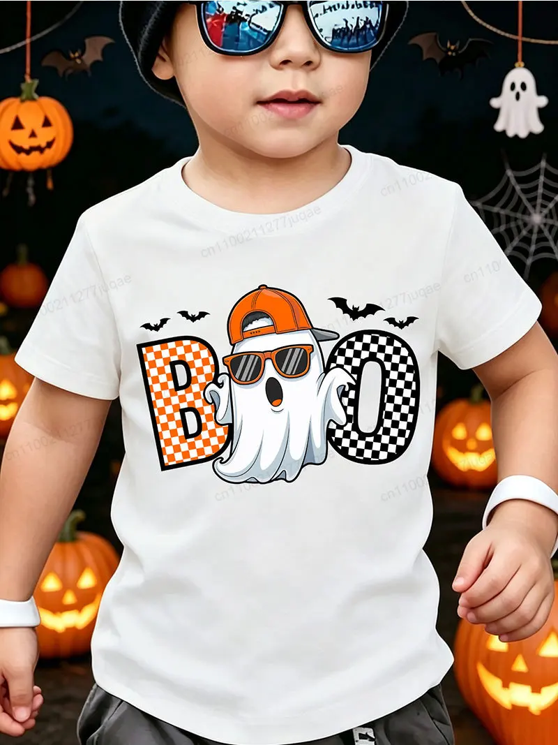 Kids T-shirt Cool Ghost Boo Graphic Tee Short Sleeve Round Neck Toddler Tshirts Trick or Treat Tops Halloween Party Costume Top