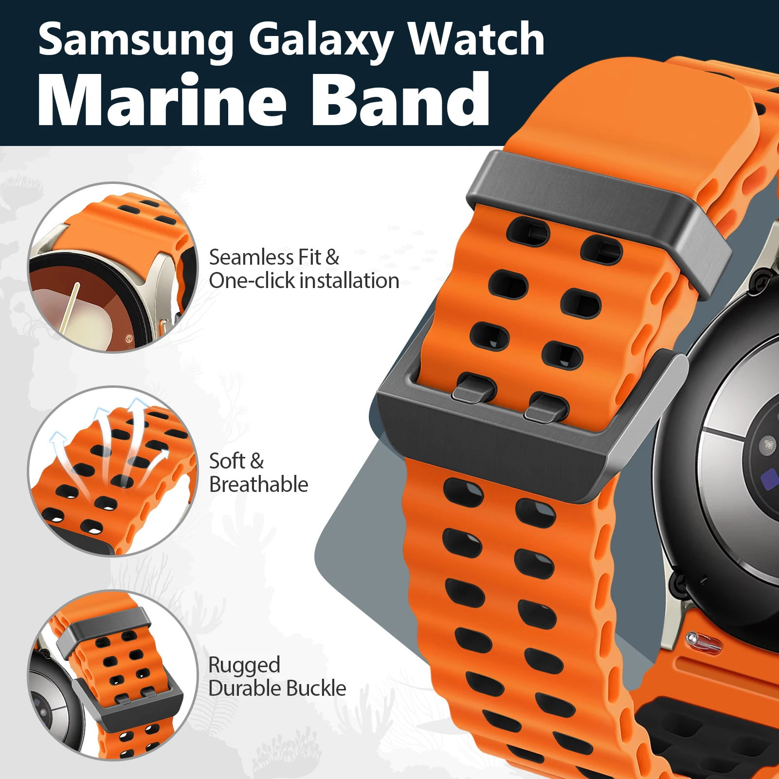Marine Band for Samsung Galaxy Watch 7 straps No Gaps Sport Silicone Bracelet Galaxy Watch FE/6 4 Classic/5 Pro Bands 44mm 40mm