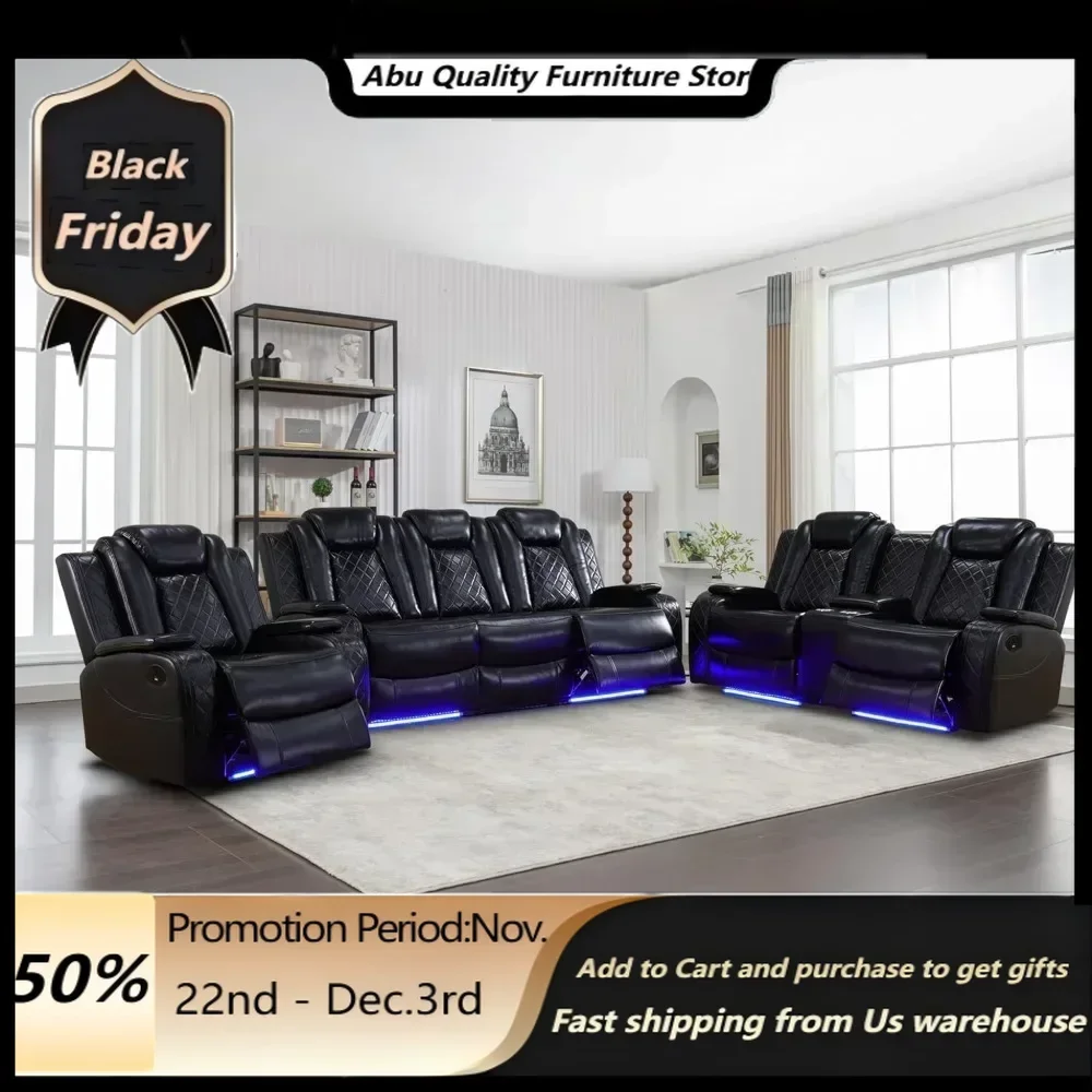 Recliner Sofa Set with LED Lights,Leather Living Room Furniture Set with USB Port/Storage Console/Cup Holders,Reclining Sofa Set