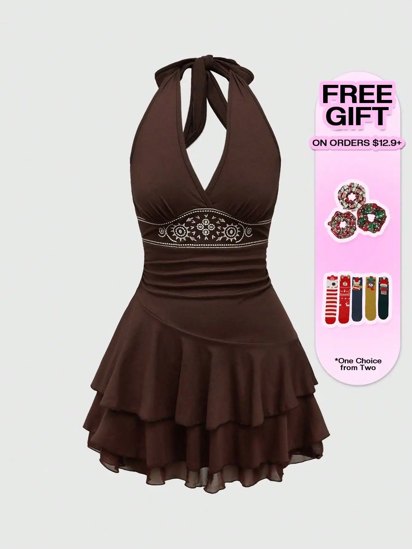 Boho geborduurde jurk met halterhals en gelaagde ruches voor dames - zomerse strandstijl