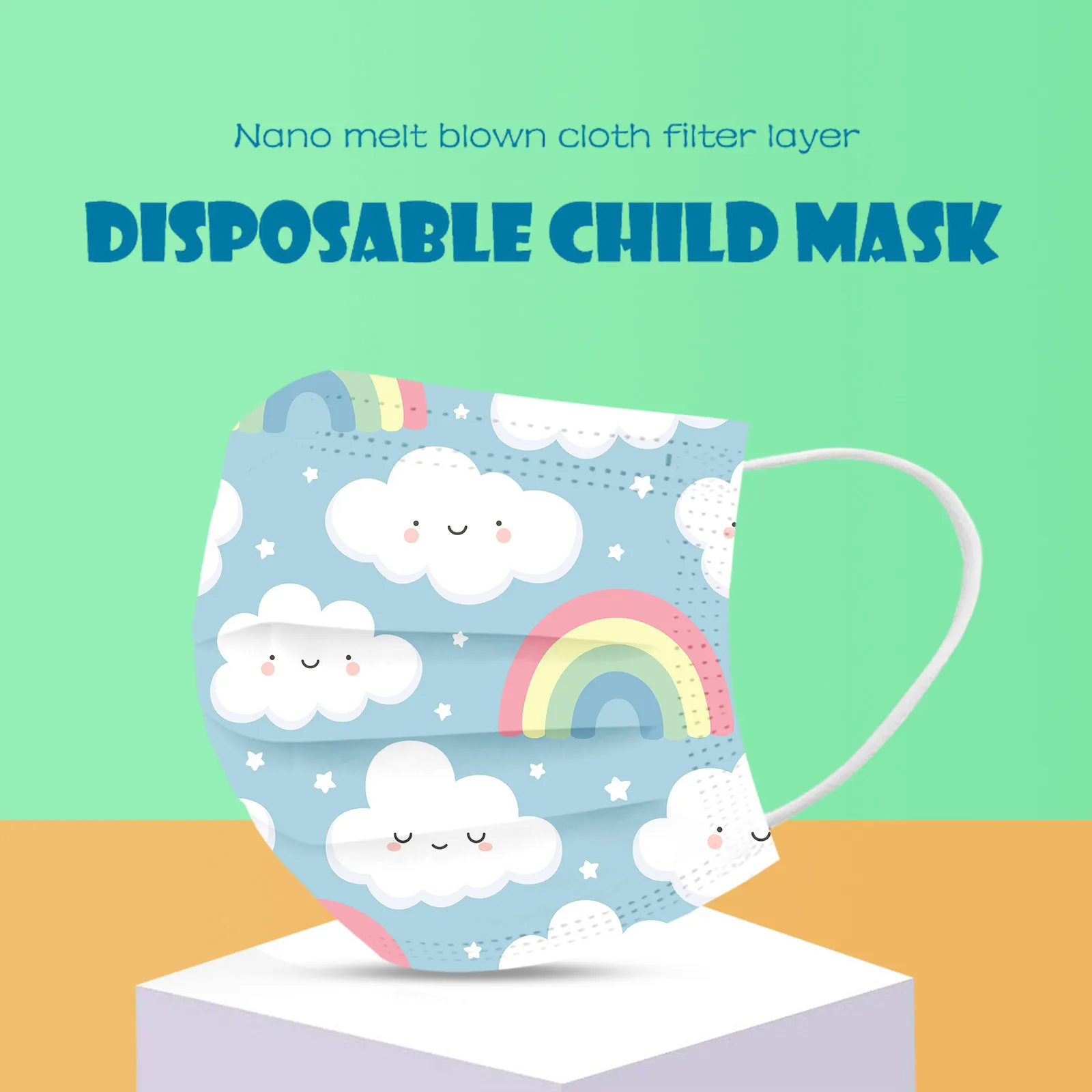 Masque jetable mixte pour enfants, 50 pièces, motif mignon imprimé, masque quotidien extérieur anti-poussière à 3 plis avec boucles auriculaires, impression Non positionnée