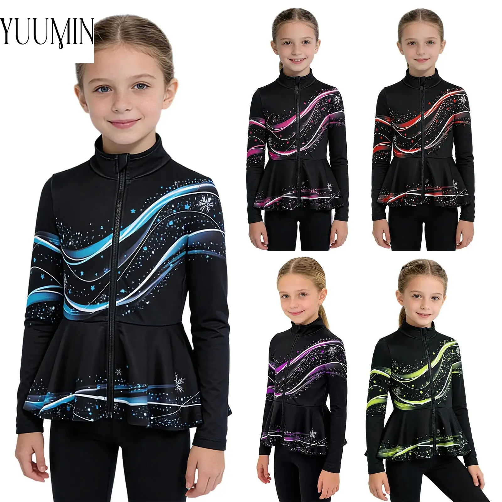 Figure Skating Dance Tops for Girls Kids Gymnastics Stylish Print Peplum Jacket Long Sleeve Sweatshirt with Thin Fleece Lining