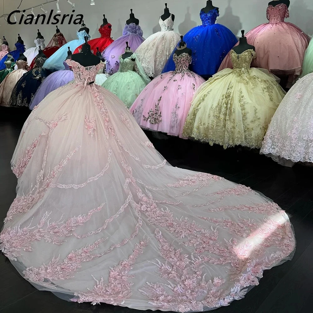 

Pink Illusion Off The Shoulder Ball Gown Quinceanera Dresses 3D Flowers Sequined Appliques Lace Corset Vestidos De 15 Años