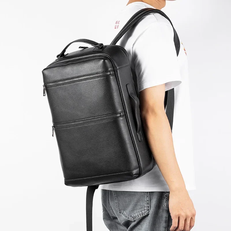 Sacs à dos en cuir véritable pour hommes et garçons, sac à dos étudiant en cuir naturel, sac d'ordinateur portable de luxe, 2024 pouces, nouvelle marque, 15.6