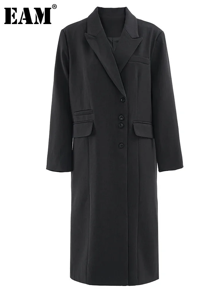 

[EAM] Women Dark Gray Button Big Size Long Elegant Blazer New Lapel Long Sleeve Jacket Fashion Tide Spring Autumn 2024 CP6A0016