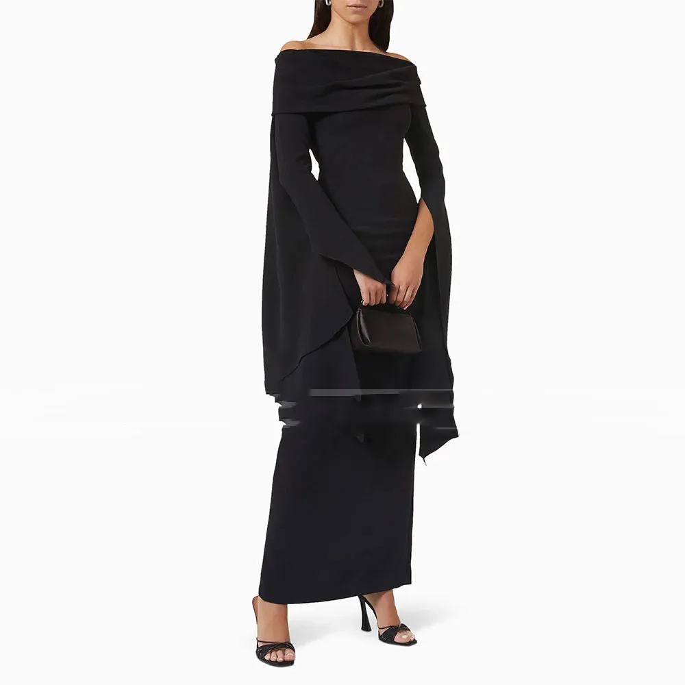 Zwarte Bruiloft Gastjurken Voor Vrouwen Off The Shoulder Column Formele Feestjurken Maxi Lange Mouwen Elegante Avondjurk 2024