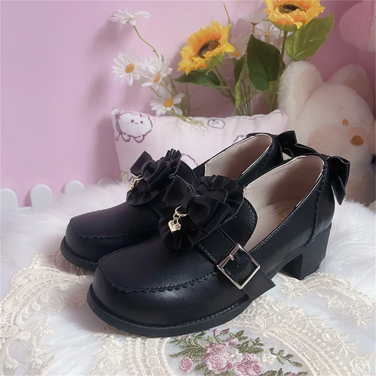 Chaussures Style collège japonais pour filles, Cosplay pour étudiantes, chaussures uniformes JK à volants, tête ronde avec nœud papillon, talon moyen épais de 4cm