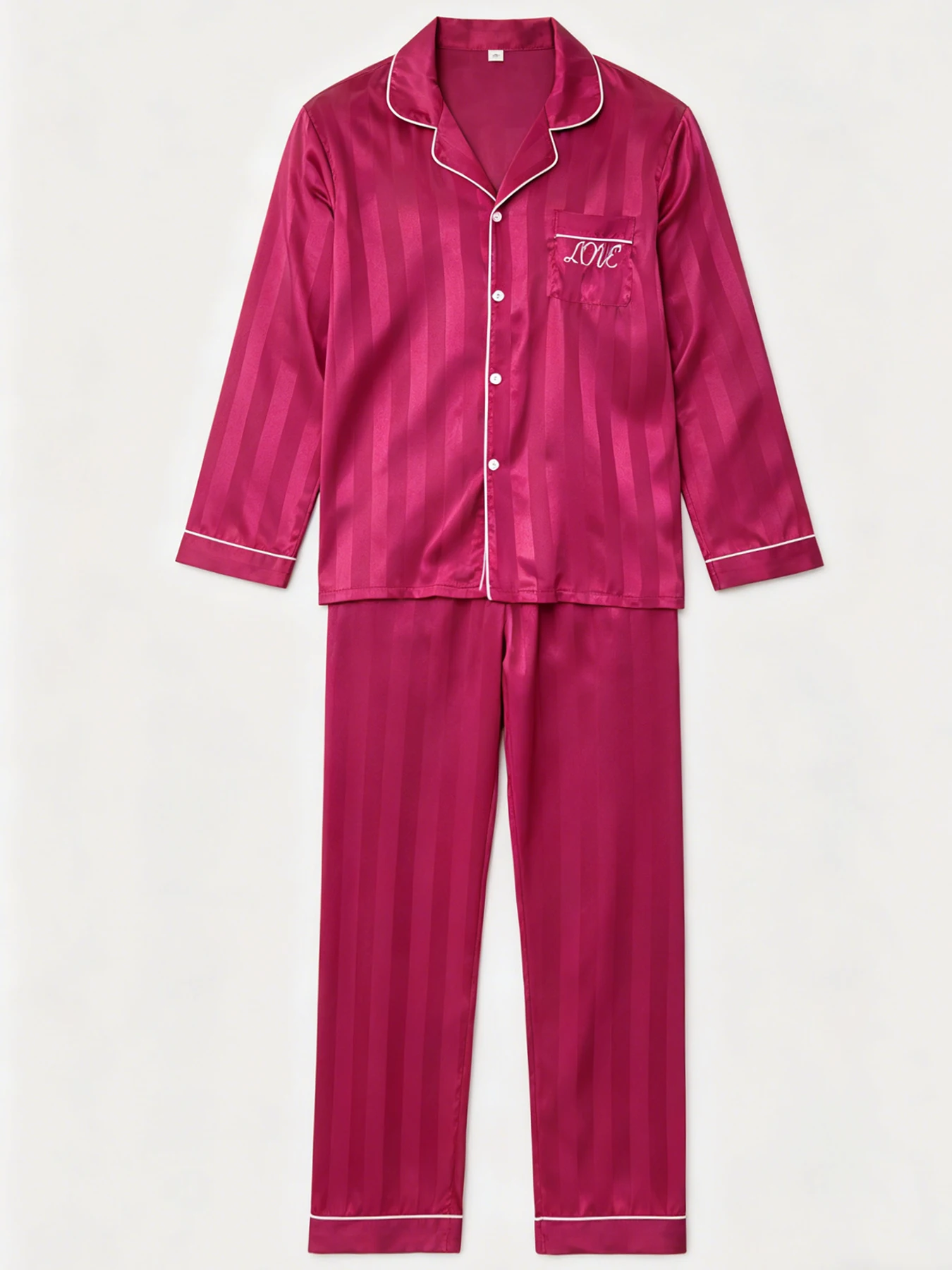 Men Fashion Satin Striped Pajama Set LOVE Embroidery Long Sleeve Shirt & Elastic Waist Pants Breathable Soft Nightwear for Men