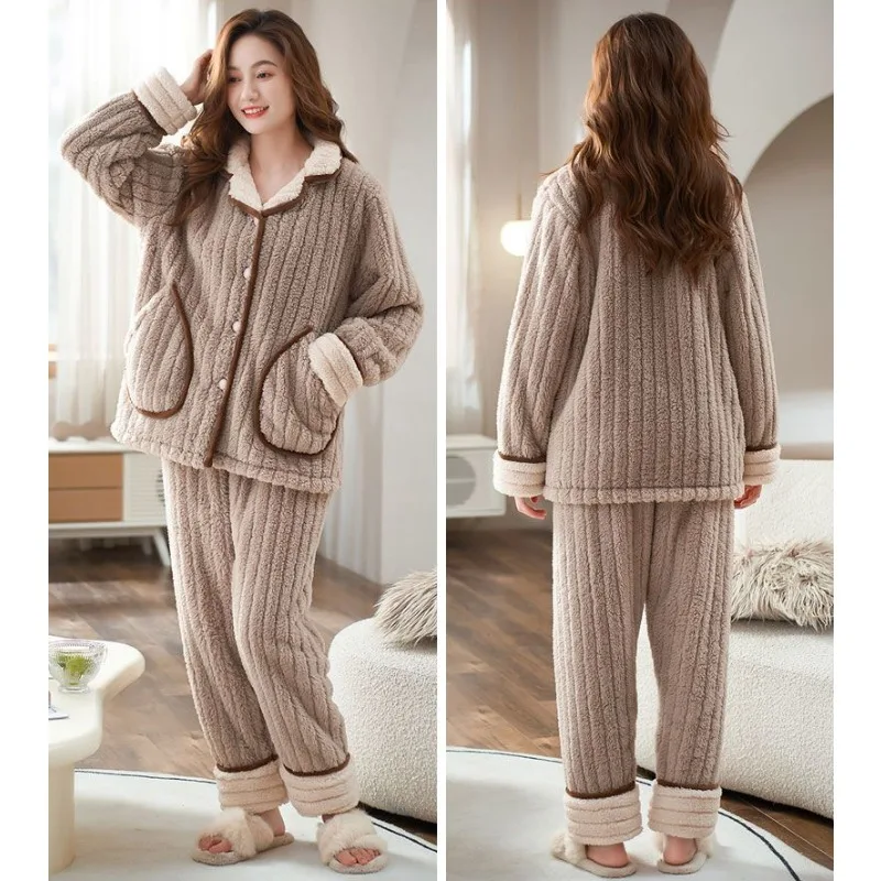 2023 New Women Pajamas Thickened Autumn Winter Flannel Loungewear Middle-aged Nursing Clothes Plus Long Sleeves Warm Sleepwear