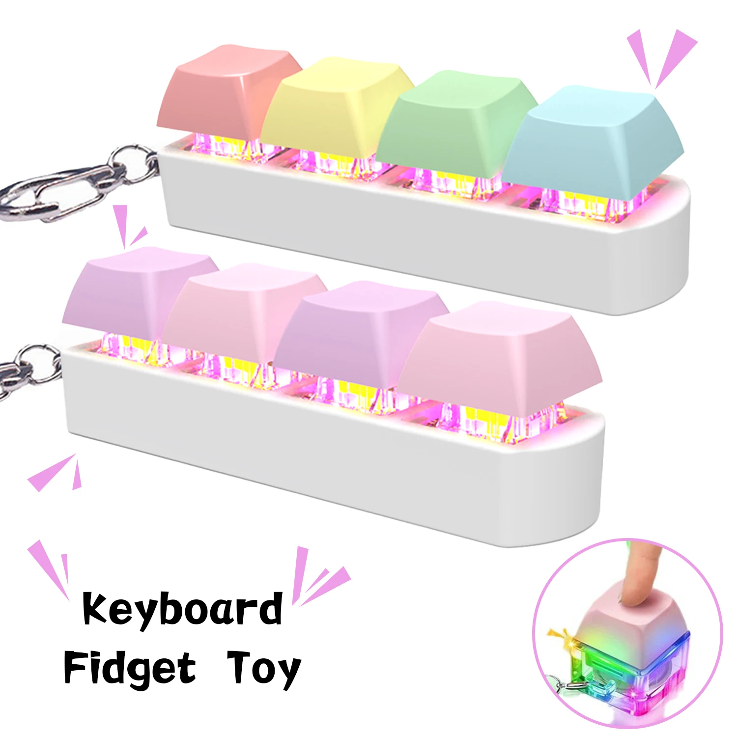 Keyboard Fidget Toy Keyboard Clicker With LED Light Keychain Fidget Stress Relief Sensory Toy Finger Keyboard Decompression Toy