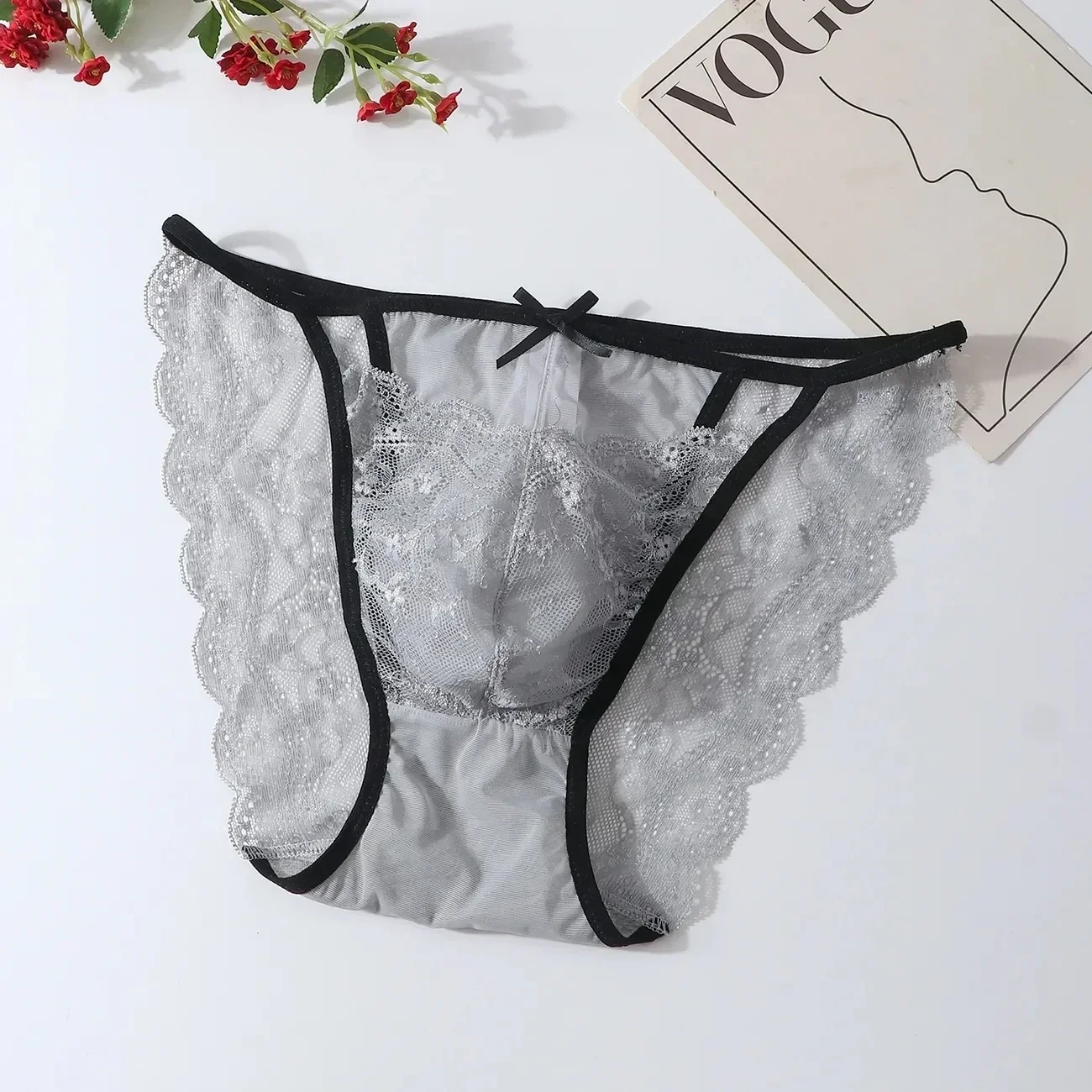 Man's Sexy Lace See Through Red Blue Briefs Low waist bow Panties Live Show Dance DJ Club Private Party FKK BF Gift Panty