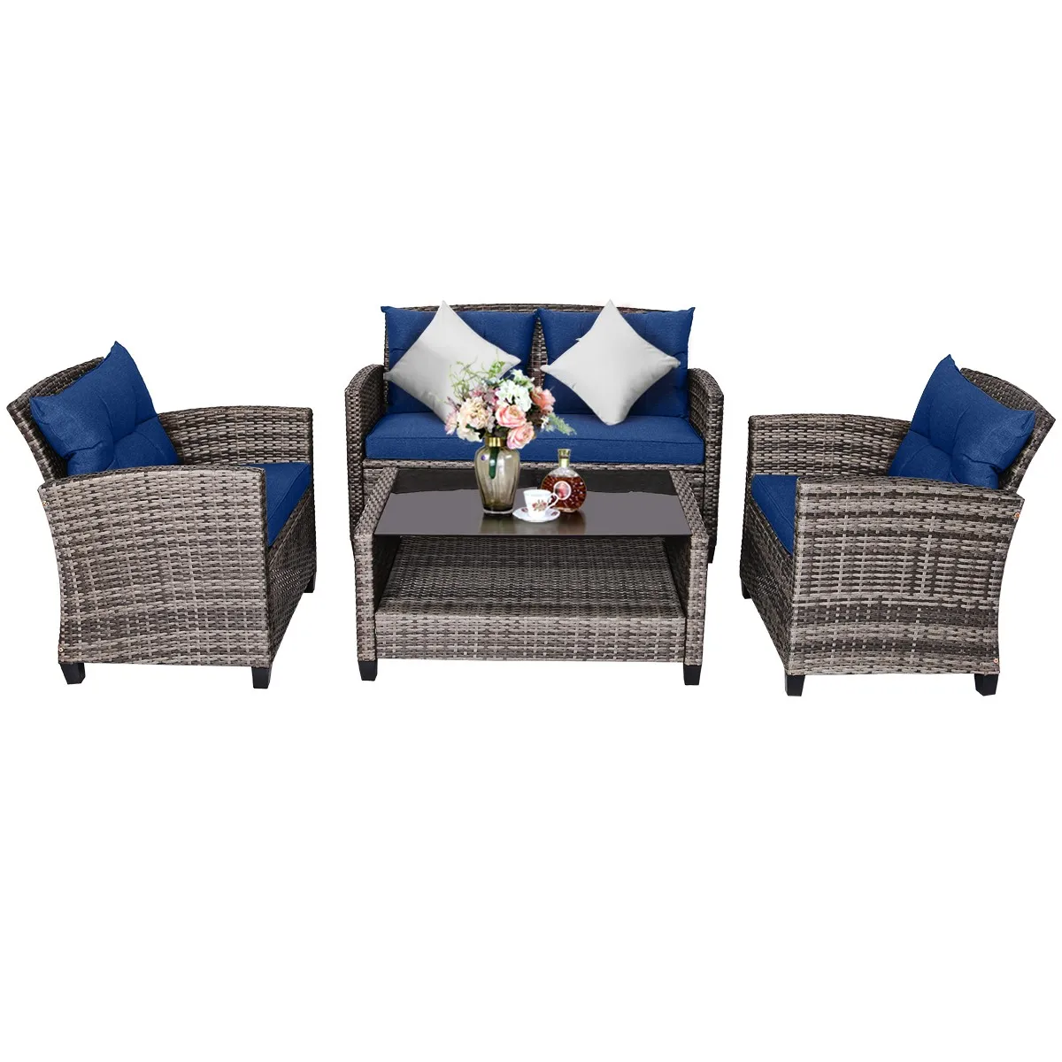

4 PCS Rattan Furniture Set Coffee Table Cushioned Sofa Garden Lawn Navy