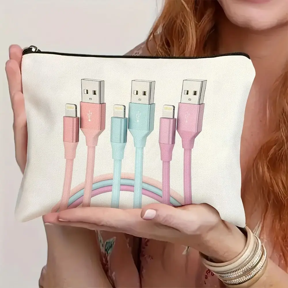 Canvas Charger Storage Pouch Print Design Zipper Closure Electronics Bag Large Capacity Cable Organizer Bag for Office Desk