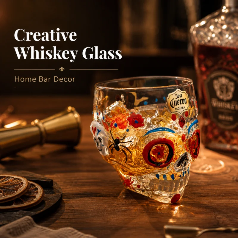 Mexican Day of The Dead Sugar Skull Whiskey Glass Hand Painted Skull Glass Cup Colorful Whiskey Tumbler Day of the Dead Style