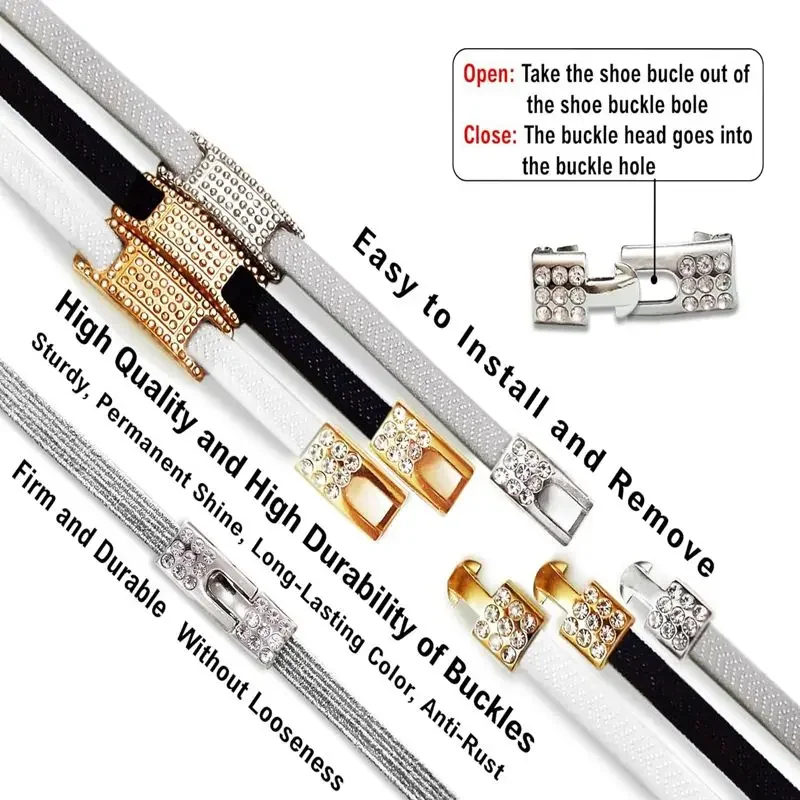 1 Paar elastische Schnürsenkel ohne Binden, glitzernde Diamant-Kreuzverschlüsse, Schnürsenkel-Charms für Damen-Sneaker, luxuriöse, elegante Schnürsenkel mit Metallschnalle – Detail 7