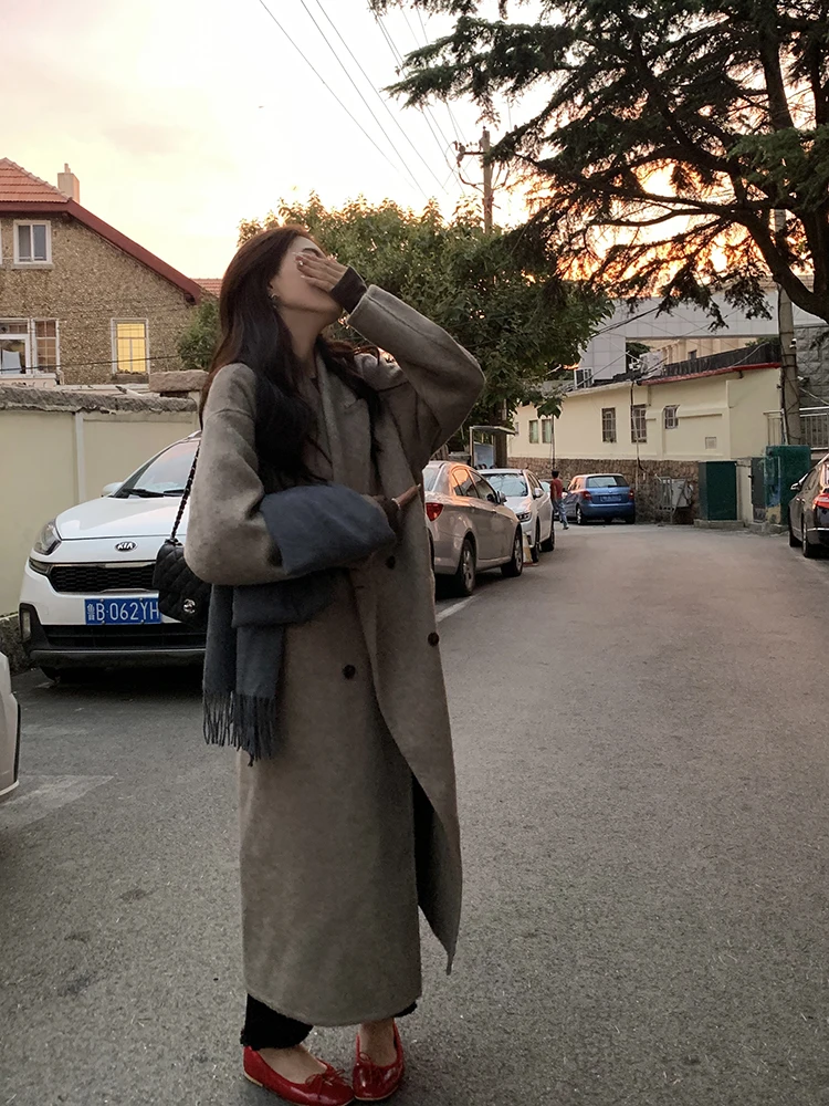 100% 양모! 양면 울 코트, 가을과 겨울용 중간 길이 두꺼운 울 코트, 여성용 신상품 2025