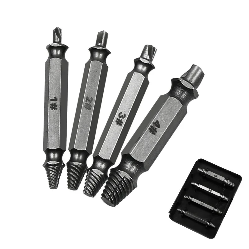4PC Damaged Screw Extractor Drill Bits Double-Headed Damaged Screw Extractor Set Bolt Bits Guide Tool Remover Tools